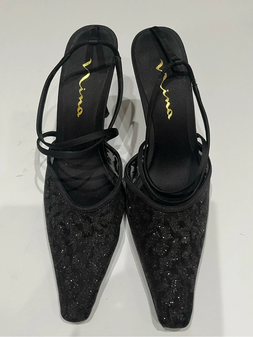 Nina Vintage Black Glittery Strappy Pointed-Toe Kitten Heel Pumps Sz.‎ 8.5